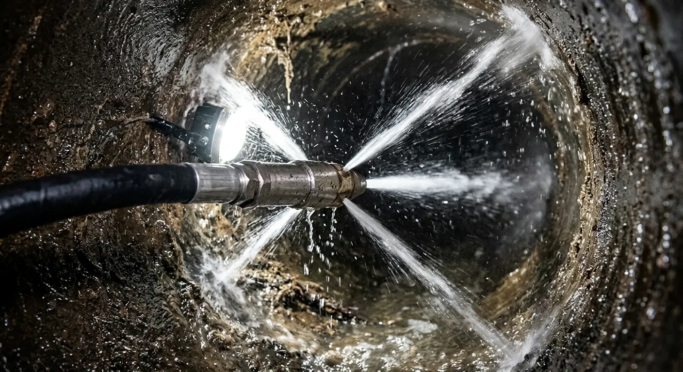 High-pressure hydro jetting nozzle cleaning sewer pipe for Sewer Cleanout in Harahan