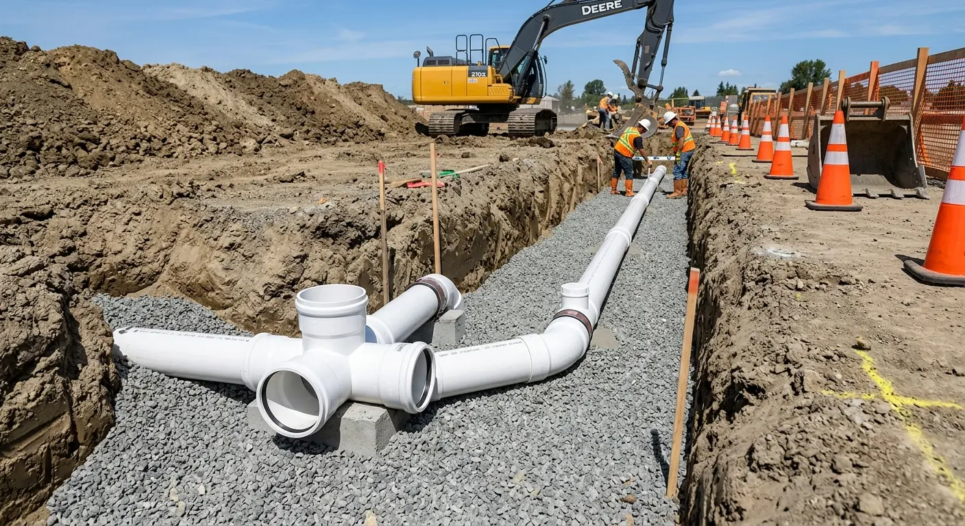 New PVC sewer pipe installation in open trench for Commercial Drain Cleaning in Harahan