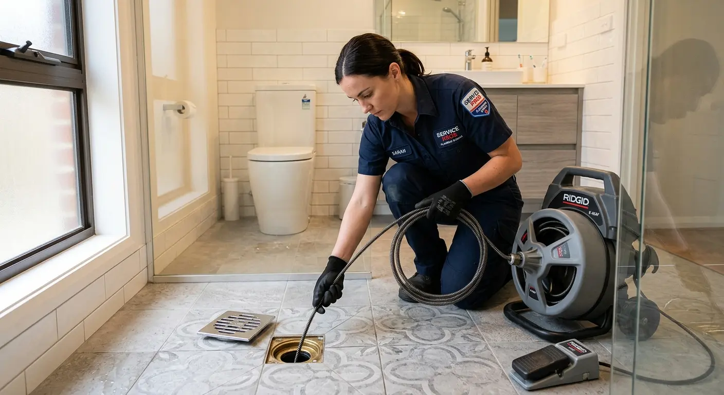 Technician clearing a bathroom floor drain for Hydro Jetting in Harahan